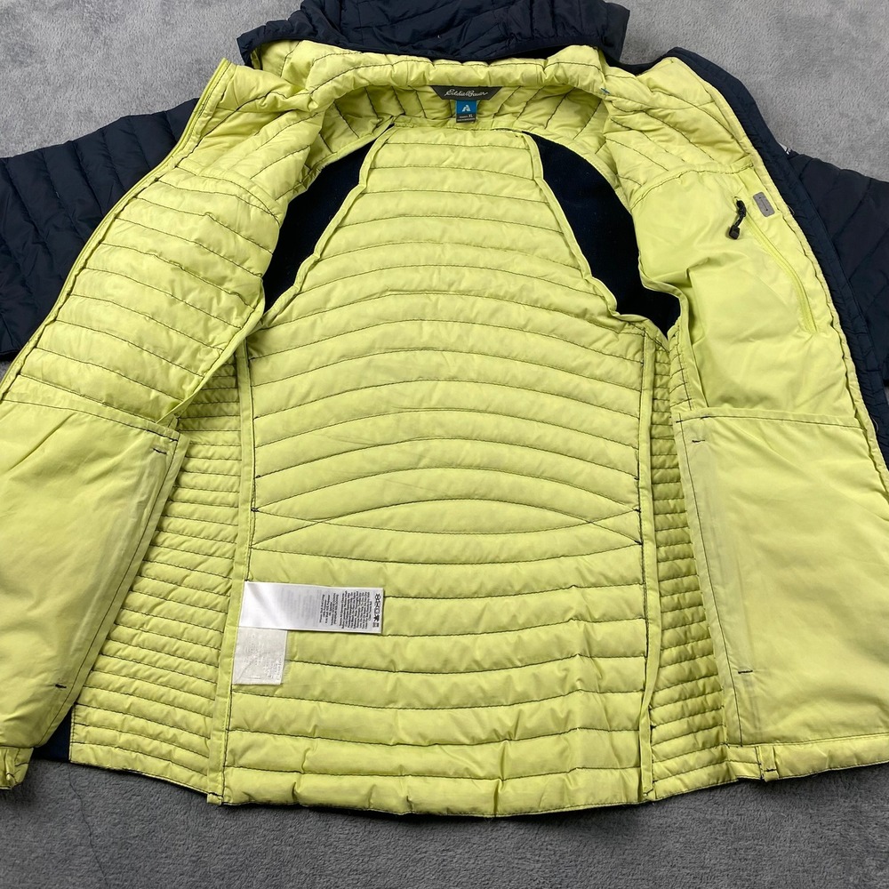 Eddie Bauer Womens XL StormDown 800 Puffer Jacket Navy Blue Lime Green Hooded - Picture 11 of 12